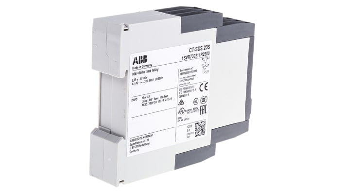 ABB Timer Relay DPST su guida DIN, tensione 24-240 V, 7 intervalli da 0,05 s a 10 min, corrente massima 4 A.
