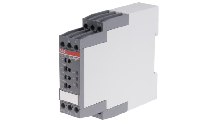 ABB Relè temporizzato DPDT per guida DIN, tensione 24-240 V AC, intervallo 0,05 s a 300 h, larghezza 22,5 mm.