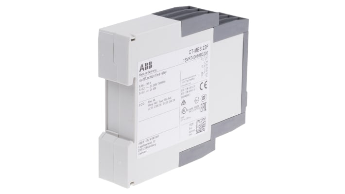 ABB Relè temporizzato DPDT per guida DIN, tensione 24-240 V AC, intervallo 0,05 s a 300 h, larghezza 22,5 mm.