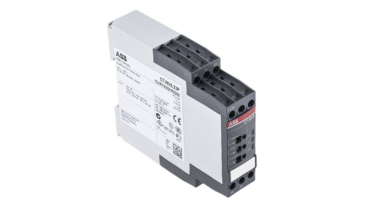 ABB Timer Relay DPDT CT-MVS, montaggio su guida DIN, intervallo 0,05s-300h, 2 contatti C/O, 4A, 300V, larghezza 22,5 mm.
