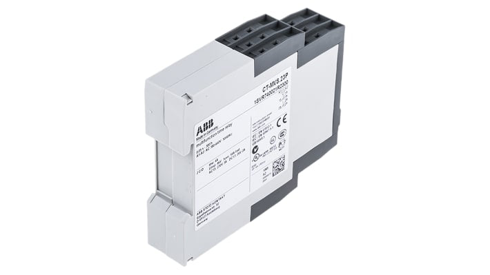 ABB Timer Relay DPDT CT-MVS, montaggio su guida DIN, intervallo 0,05s-300h, 2 contatti C/O, 4A, 300V, larghezza 22,5 mm.