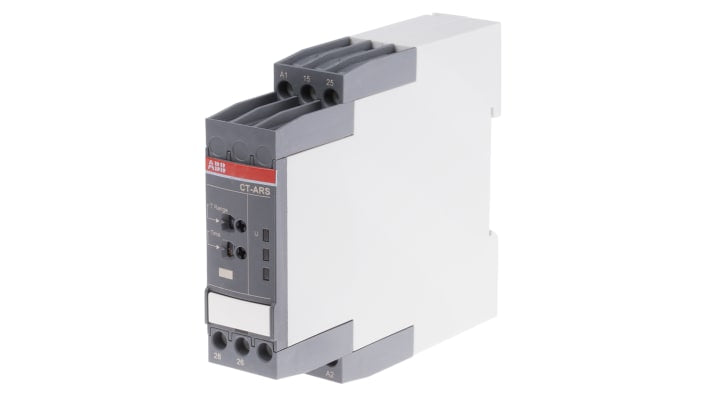 ABB Timer Relay DPDT CT-ARS.21P, montaggio su guida DIN, tensione 24-240 V, intervallo 0,05 s a 10 min, LED di stato.