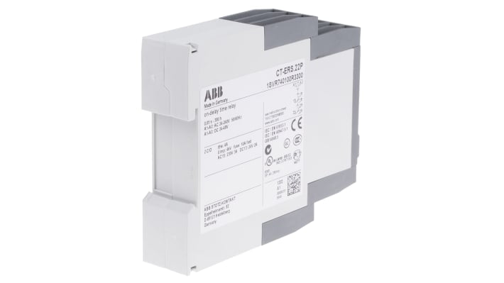 Relè temporizzato ABB CT-ERS.22P DPDT, montaggio su guida DIN, tensione 24-240 V AC, intervallo 0,05 s a 300 h, larghezza 22,5 mm.
