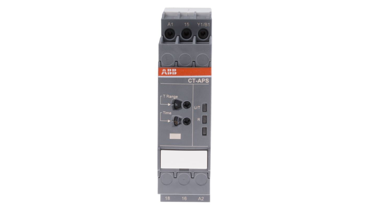 ABB Timer Relay SPDT per guida DIN, intervallo 0.05 s a 300 h, alimentazione 24-240 V AC, 22.5 mm x 85.6 mm x 113.4 mm.