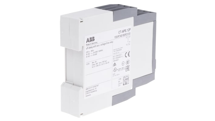 ABB Timer Relay SPDT per guida DIN, intervallo 0.05 s a 300 h, alimentazione 24-240 V AC, 22.5 mm x 85.6 mm x 113.4 mm.