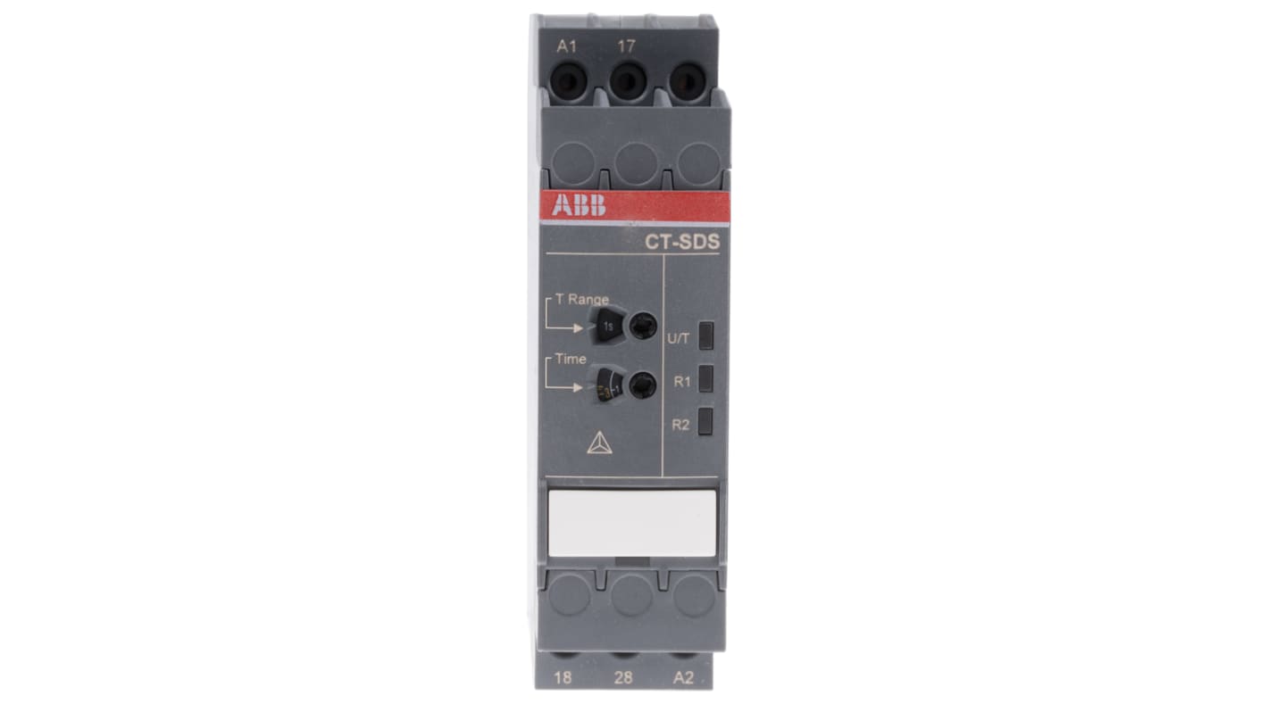 ABB Timer Relay DPST per montaggio su guida DIN, intervallo di temporizzazione 0,05 s a 10 min, dimensioni 22,5 x 85,6 x 113,4 mm.
