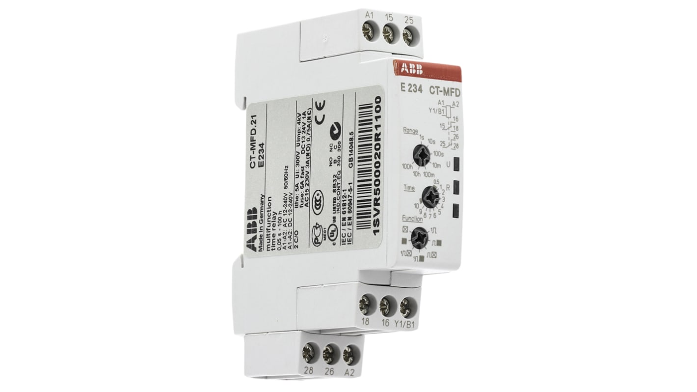 Relè temporizzato ABB CT-MFD.21 DPDT, montaggio su guida DIN, 17.5 mm, tensione 12V-240V AC/DC, corrente 5A.