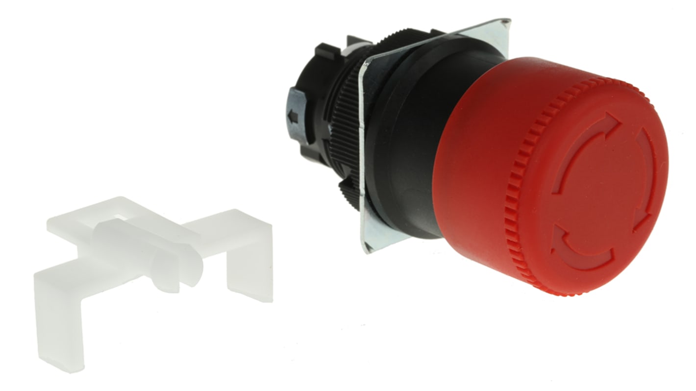 Omron A22E-S, pulsante di arresto di emergenza a pannello, protezione IP65, attuazione a pulsante, montaggio senza utensili.