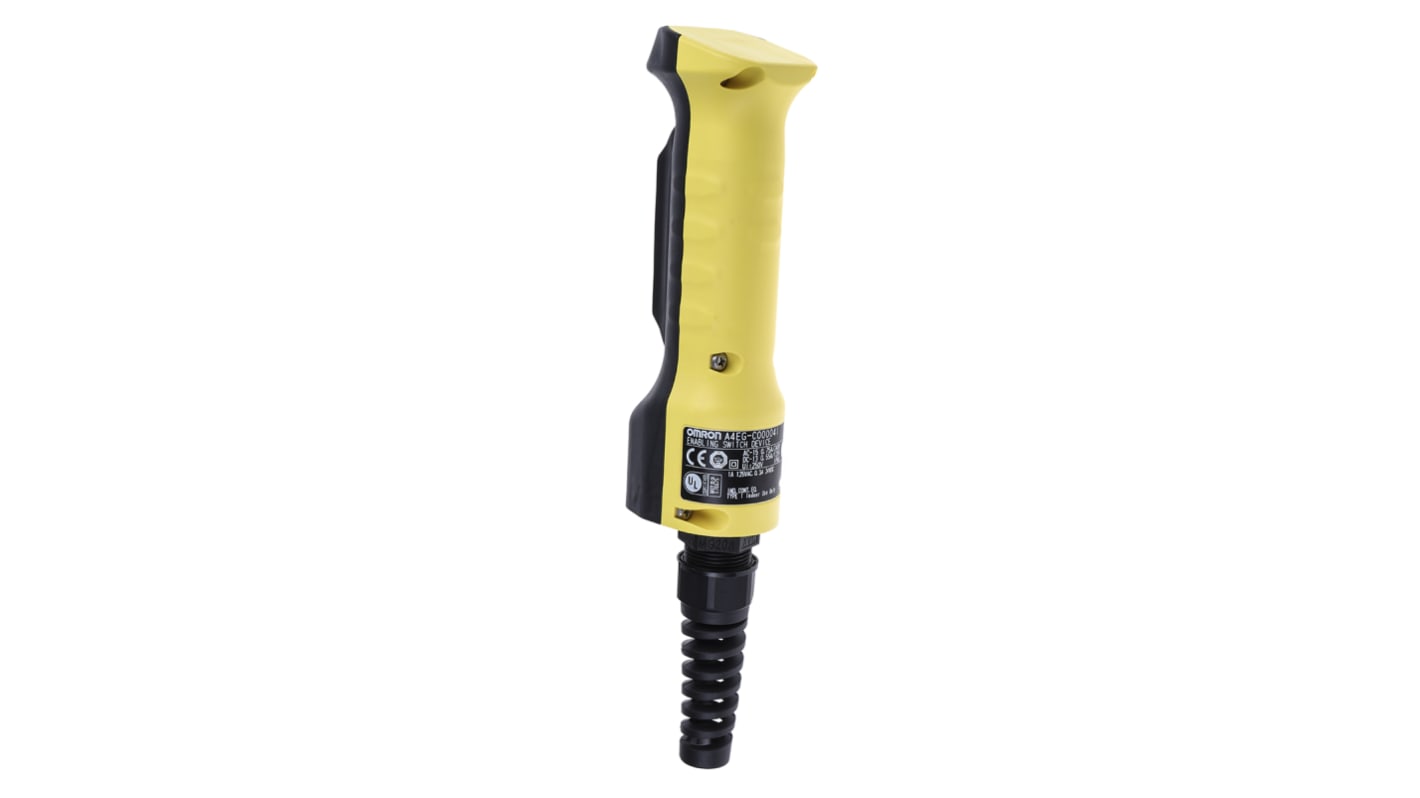 Interruttore di abilitazione di sicurezza Omron A4EG-C000041, 3 posizioni, IP66, 125VAC, dimensioni 262x48x60mm.