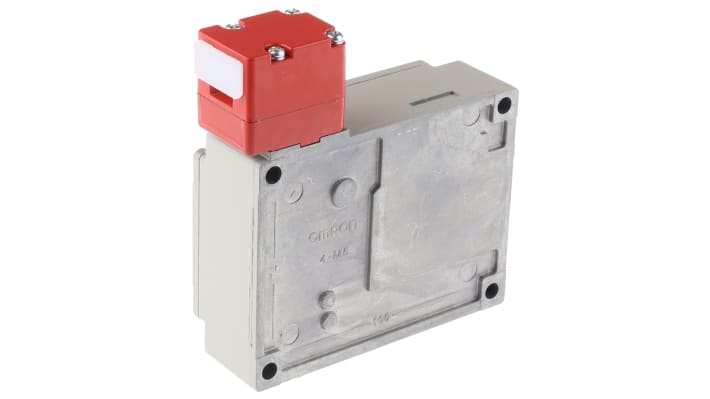 Interruttore di interblocco a solenoide Omron D4BL-1CRA, corpo metallico, grado di protezione IP67, dimensioni 123.5mm x 116.5mm x 46.3mm.