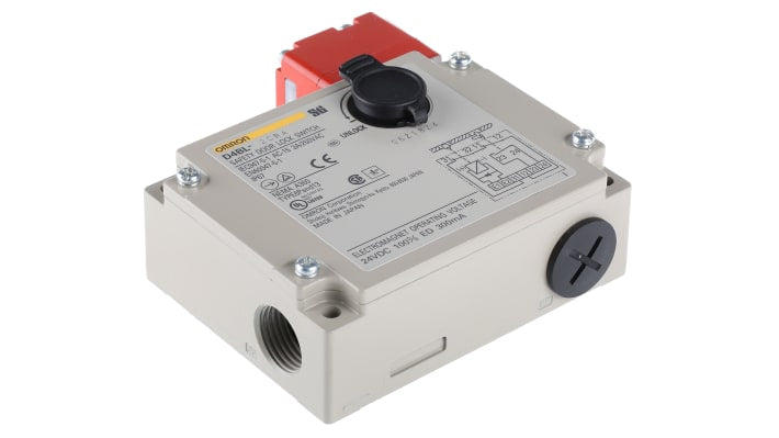 Interruttore di interblocco a solenoide Omron D4BL-2CRA, alimentazione 24V cc, contatti 1NO/1NC, grado di protezione IP67.