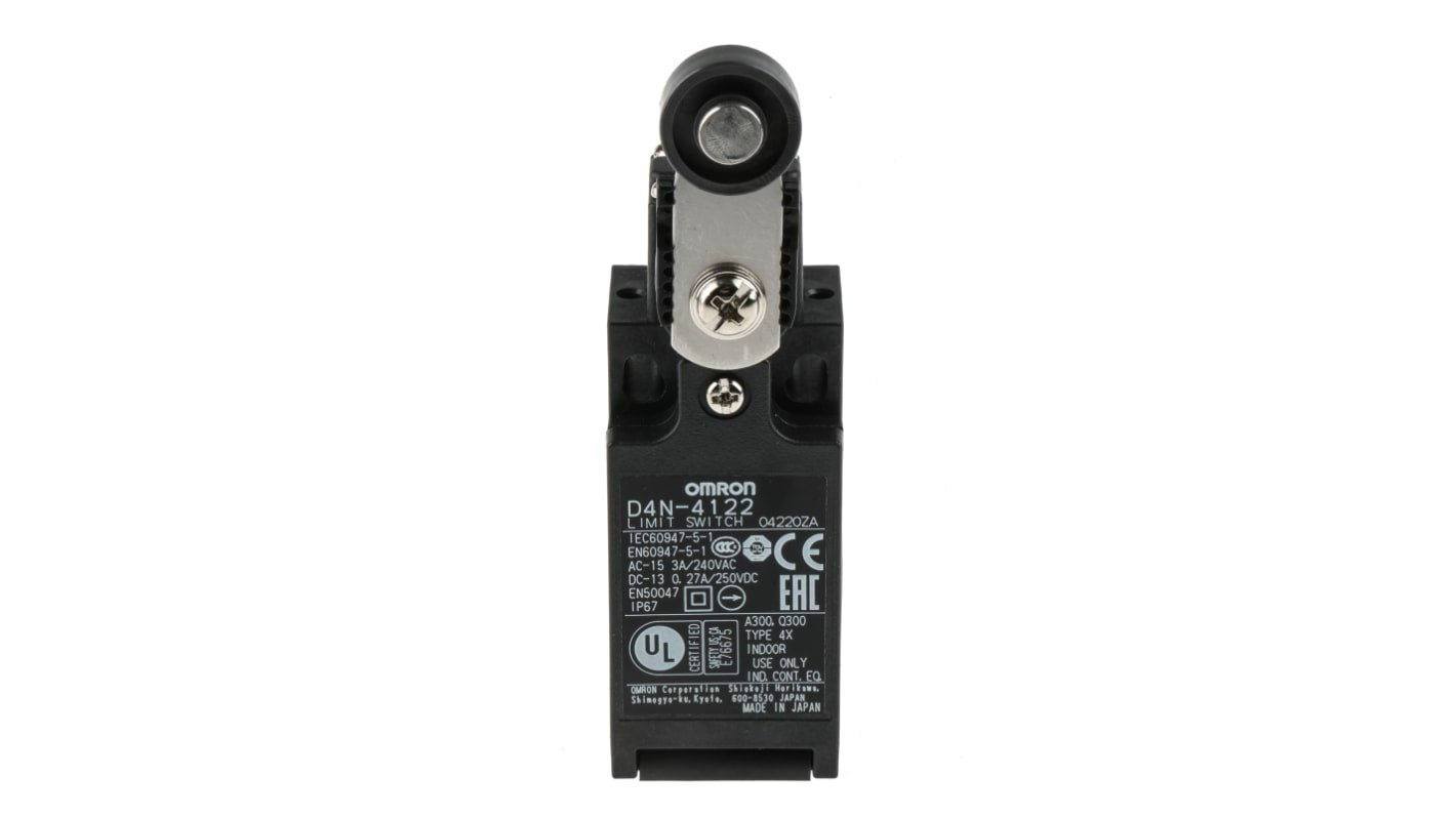 Interruttore di interblocco Omron D4N-4122, leva a rullo, 1NC/1NO, grado di protezione IP67, dimensioni 64x45x31 mm.