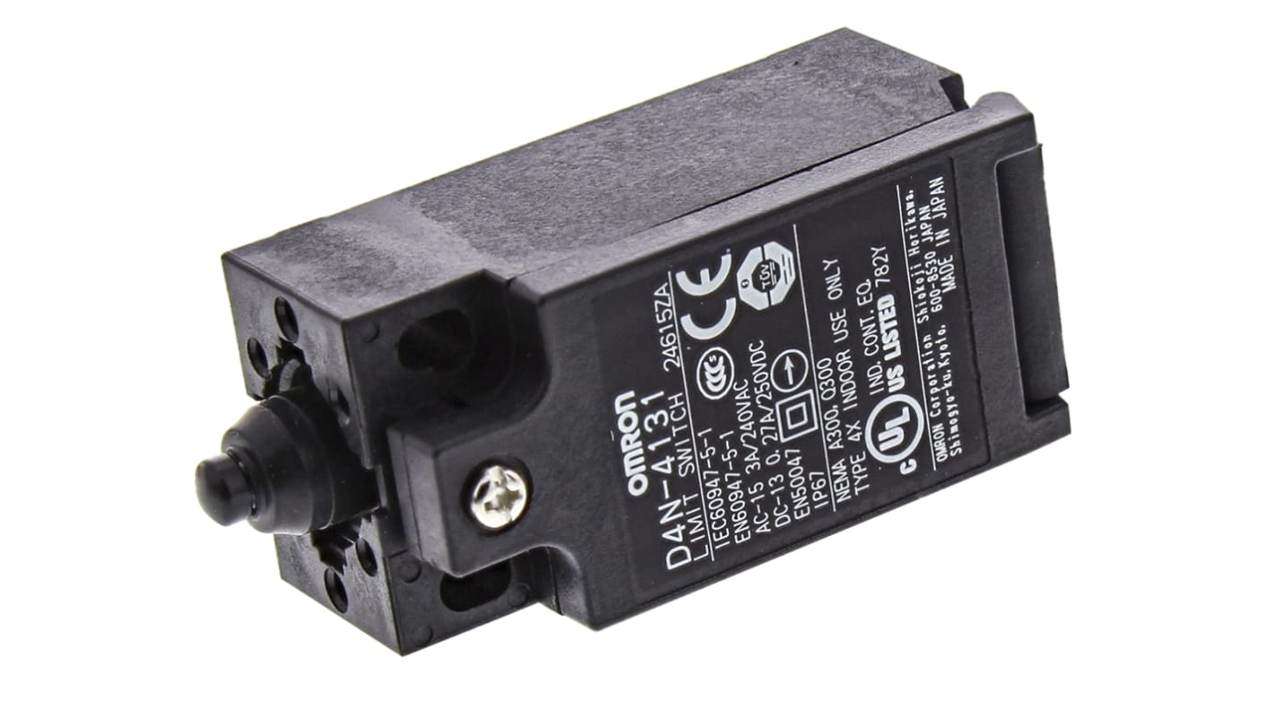 Interruttore di fine corsa Omron D4N-4131, attuatore stantuffo, configurazione DPST, dimensioni 64x31.5x31 mm, contatti in oro.