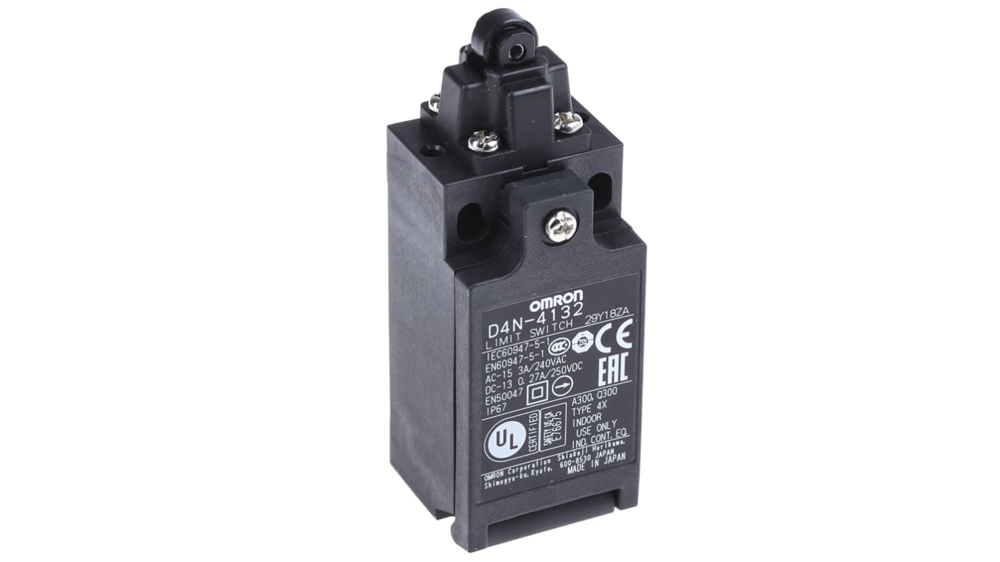 Interruttore di interblocco Omron D4N-4132, tasto a rotella 1NC/1NO, grado di protezione IP67, dimensioni 64x31x31.5 mm.
