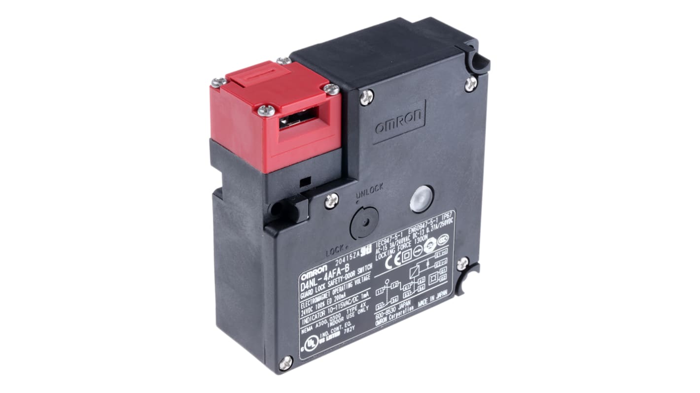 Interruttore di interblocco a solenoide Omron D4NL-4AFA-B, 24V cc, IP67, contatti 1NC/1NO, dimensioni 88.5mm x 95mm x 35.5mm.