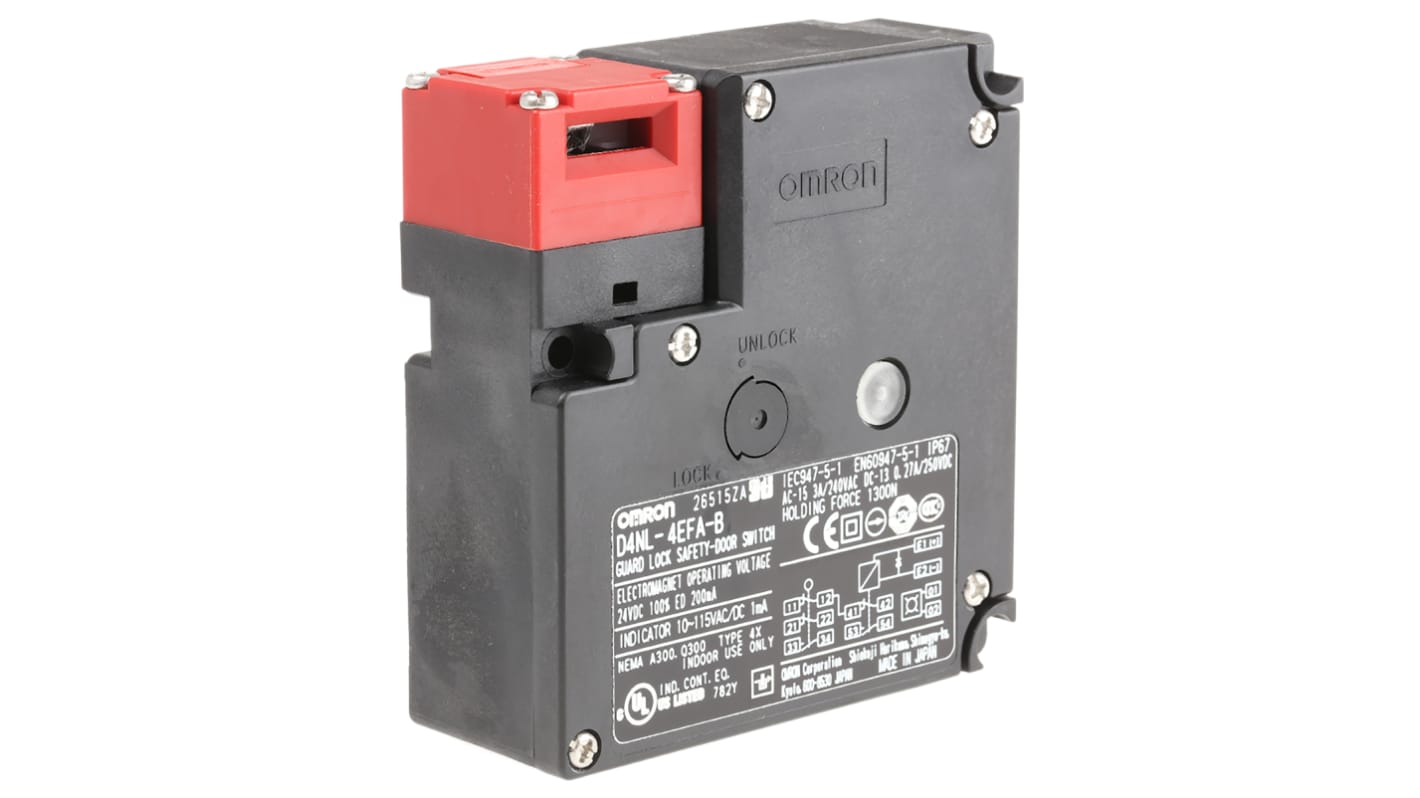 Interruttore di interblocco a solenoide Omron D4NL4EFA-B, 24V cc, IP67, con meccanismo di bloccaggio e quattro contatti. Dimensioni 88.5mm x 95mm x 35.5mm.