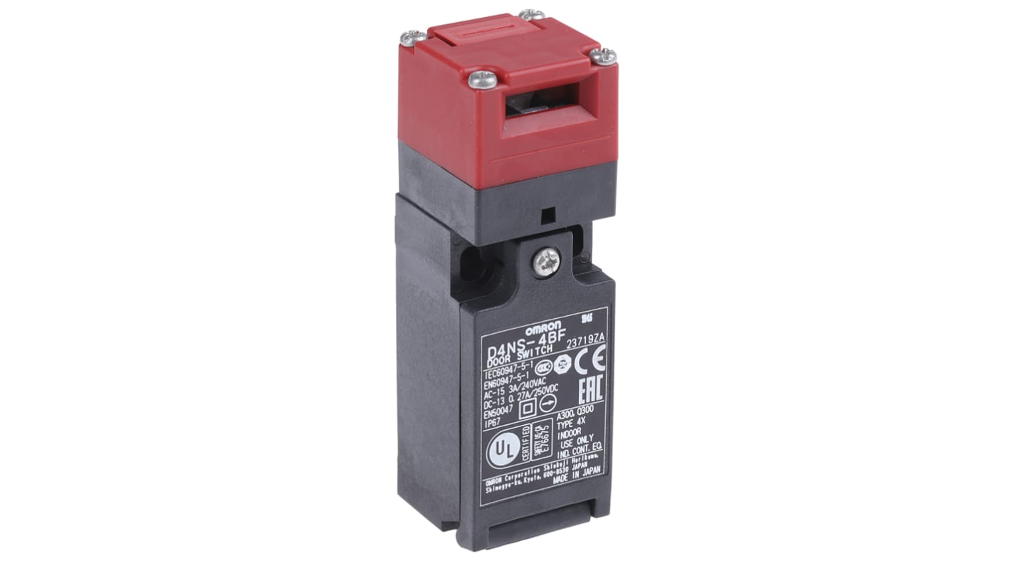 Interruttore di interblocco di sicurezza Omron D4NS-4BF, custodia plastica, protezione IP67, dimensioni 96 x 31 mm.