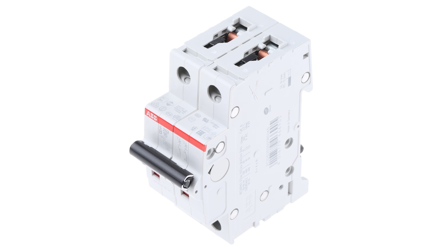 Interruttore magnetotermico ABB Tipo B, 2P 16A, montaggio su guida DIN, dimensioni 69 x 35 x 88 mm, protezione IP20.