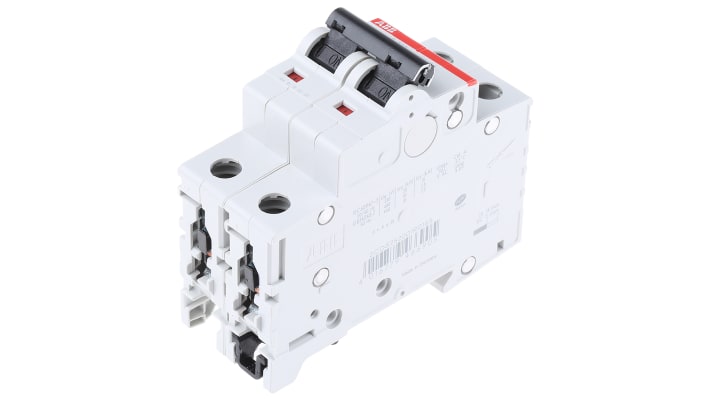 Interruttore magnetotermico ABB Tipo B, 2P 16A, montaggio su guida DIN, dimensioni 69 x 35 x 88 mm, protezione IP20.