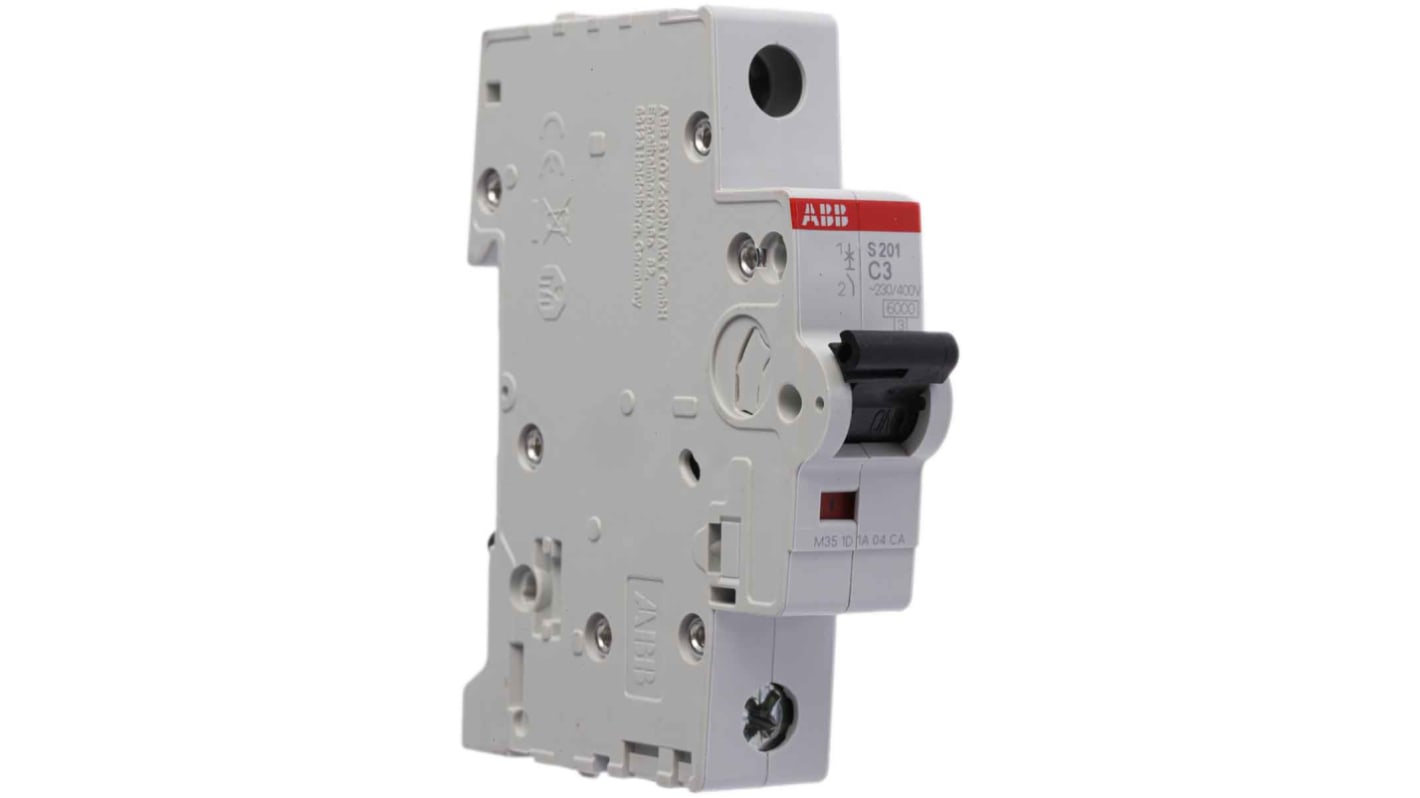 Interruttore magnetotermico unipolare ABB S201-C3, 3A, montaggio su guida DIN, dimensioni 88mm x 17.5mm x 69mm.