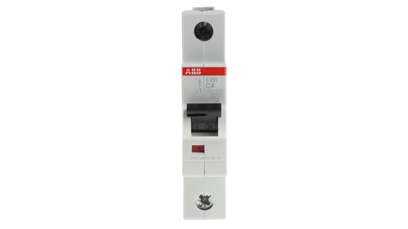 Interruttore magnetotermico ABB S201-C4, 1 polo, 4 A, montaggio su guida DIN, dimensioni 88 mm x 17,5 mm x 69 mm.