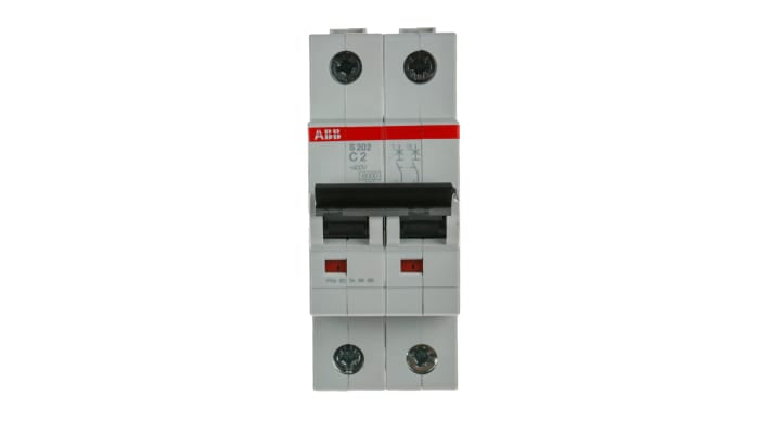 Interruttore magnetotermico ABB S202-C2, 2A, 6 kA, montaggio su guida DIN, dimensioni 88x35x69 mm, grado di protezione IP20.