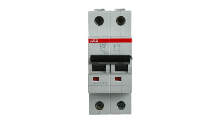 Interruttore magnetotermico ABB S202-C4, 2 poli, 4A, 400V, montaggio su guida DIN, dimensioni 88x35x69 mm.