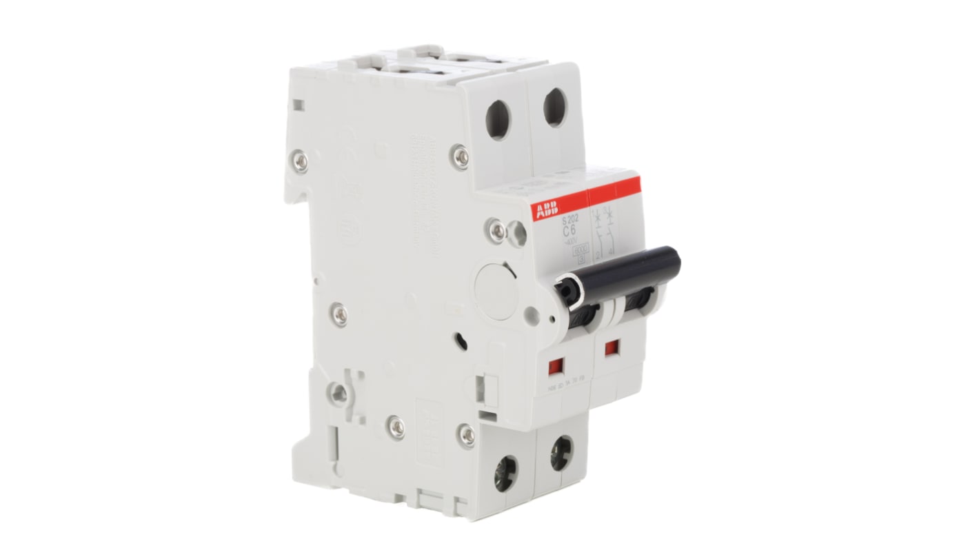 Interruttore magnetotermico ABB S202-C6, 6 A, tipo C, montaggio su guida DIN, dimensioni 88x35x69 mm, peso 250 g.