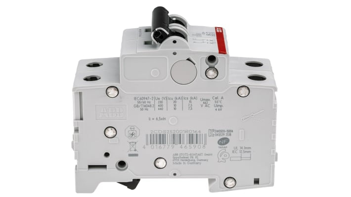 Interruttore magnetotermico ABB S202-C16, 2P 16A, 6 kA, montaggio su guida DIN, dimensioni 35x88x69 mm, grado di protezione IP20.