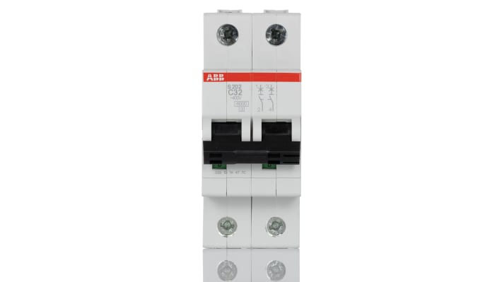 Interruttore magnetotermico ABB S202-C32, 2P 32A, montaggio su guida DIN, capacità di rottura 6 kA, indicatori ON/OFF.