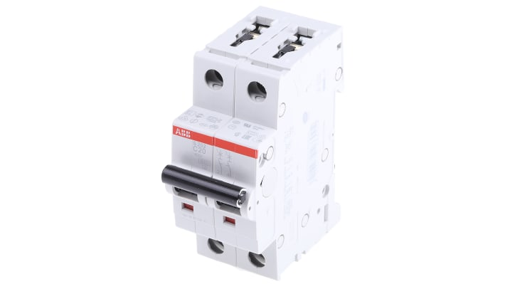 Interruttore magnetotermico ABB S202-C20, 20A, doppio polo, montaggio su guida DIN, dimensioni 88mm x 35mm x 69mm.