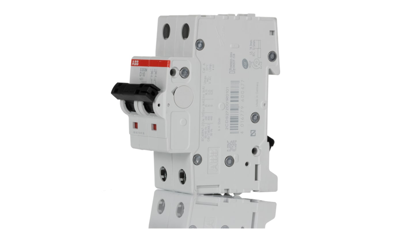 Interruttore magnetotermico ABB S202M-D10, 2P 10A, montaggio su guida DIN, dimensioni 69 x 35 x 88 mm, grado di protezione IP20.