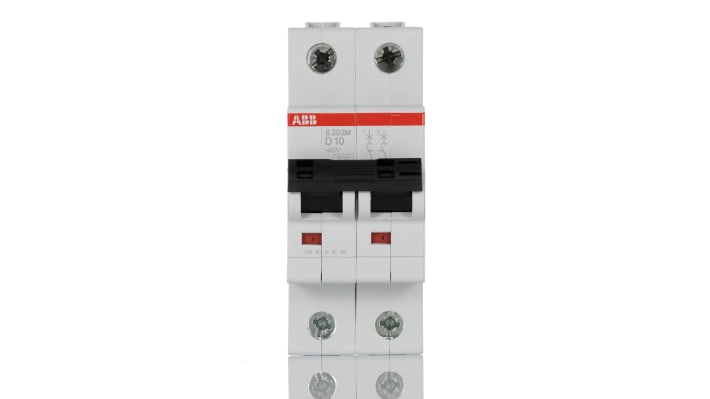 Interruttore magnetotermico ABB S202M-D10, 2P 10A, montaggio su guida DIN, dimensioni 69 x 35 x 88 mm, grado di protezione IP20.