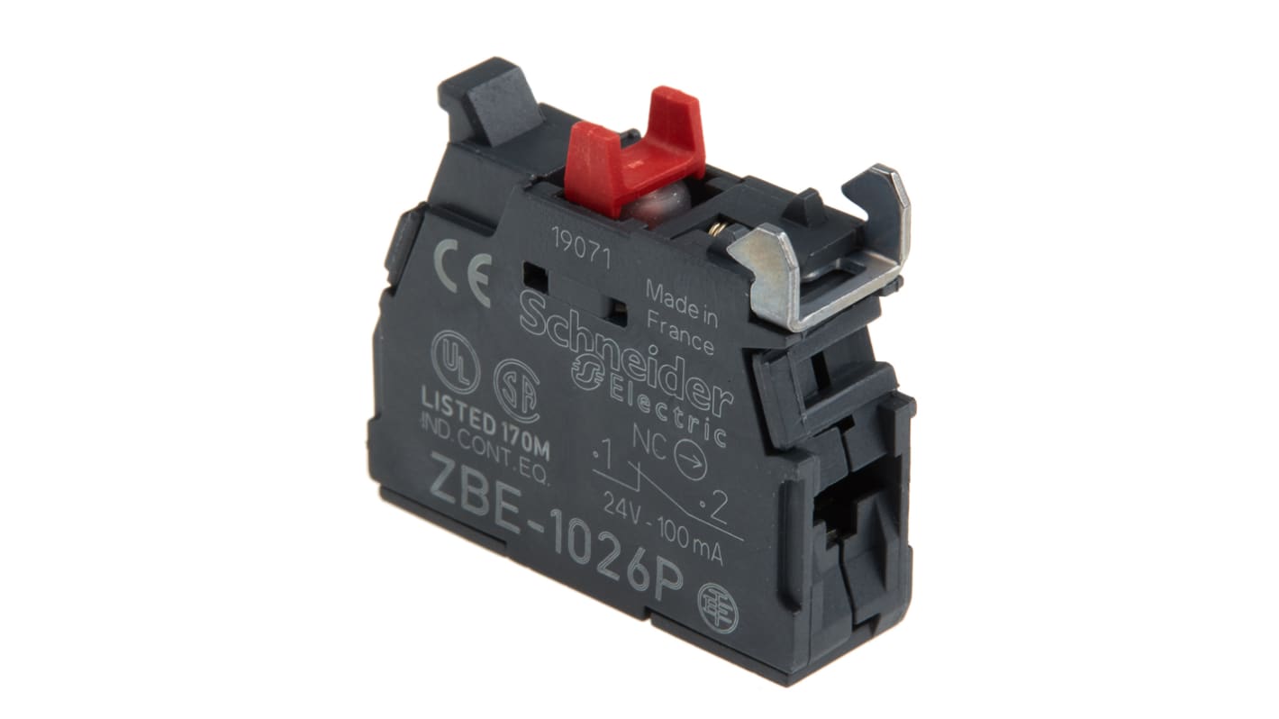 Blocco contatti 1NC a vite Schneider Electric ZBE1026P, montaggio frontale, grado di protezione IP5X, durata 1.000.000 ore.