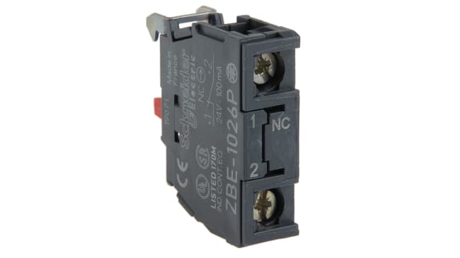 Blocco contatti 1NC a vite Schneider Electric ZBE1026P, montaggio frontale, grado di protezione IP5X, durata 1.000.000 ore.