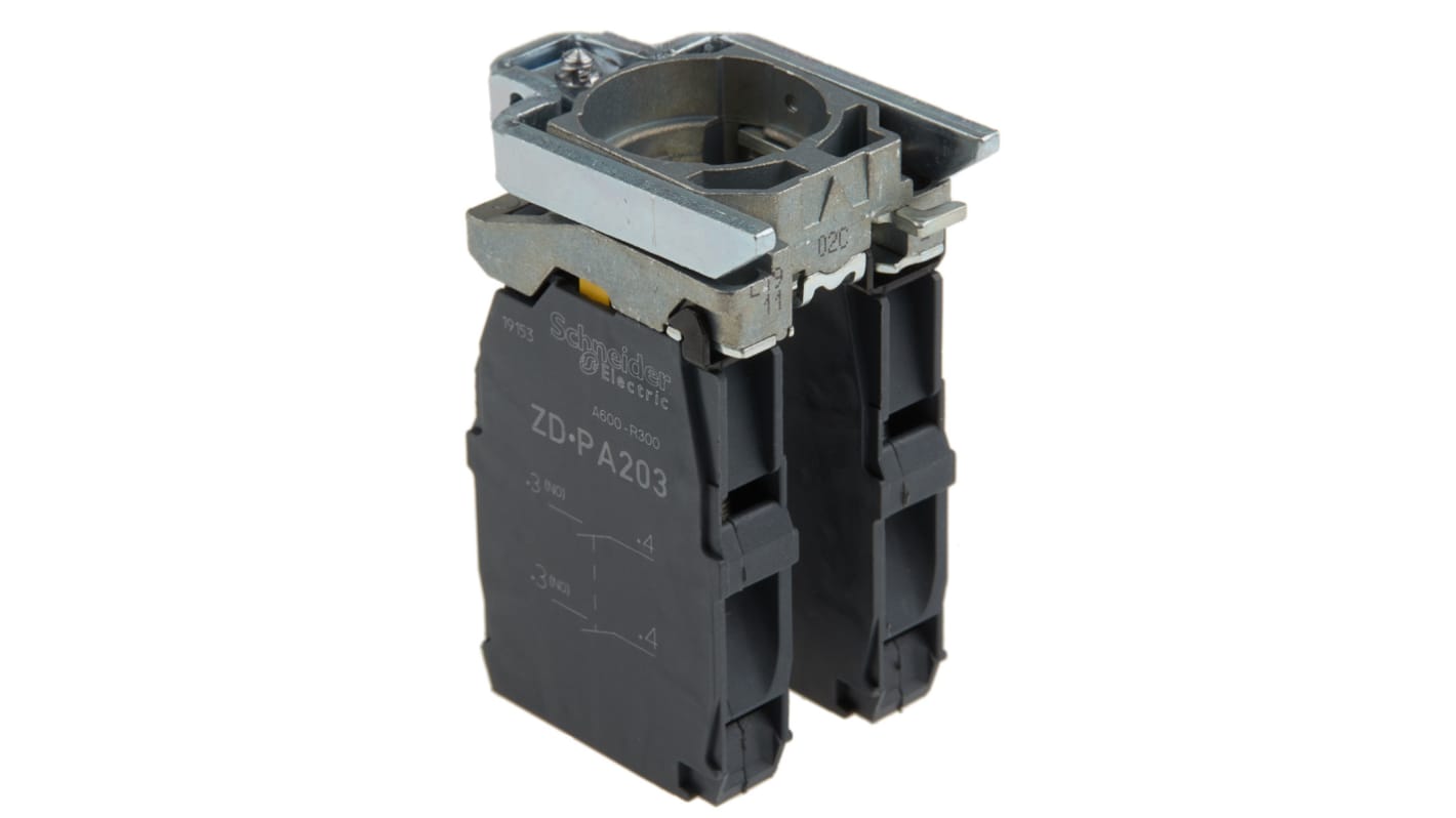 Blocco contatti Schneider Electric ZD4PA203, 4NO a vite, LED integrato, collare di fissaggio incluso, conforme a EN/IEC 60947-5-1.