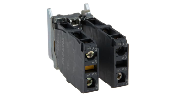 Blocco contatti Schneider Electric ZD4PA203, 4NO a vite, LED integrato, collare di fissaggio incluso, conforme a EN/IEC 60947-5-1.