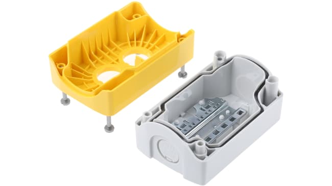 Scatola per pulsante Schneider Electric XALK02, 2 fori, diametro 22 mm, colore giallo, protezione IP66/IP67/IP69K, resistente agli urti.