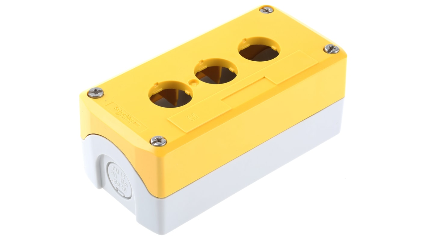 Scatola per pulsante Schneider Electric XALK03, 3 fori Ø 22mm, colore giallo, grado di protezione IP65, montaggio a filo.