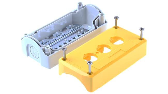Scatola per pulsante Schneider Electric XALK03, 3 fori Ø 22mm, colore giallo, grado di protezione IP65, montaggio a filo.