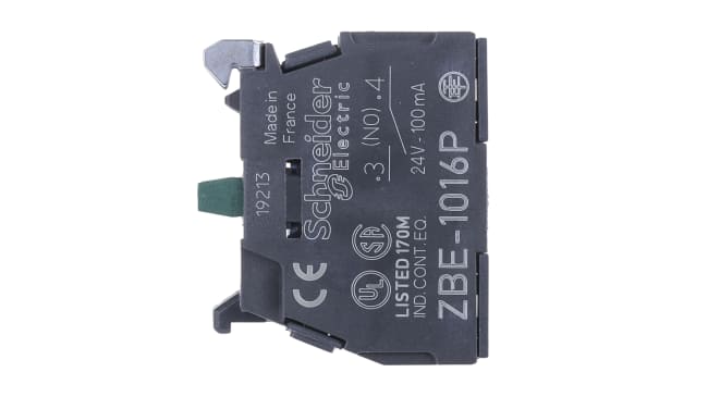 Blocco contatti Schneider Electric ZBE1016P della serie Harmony XB4/5, 1NO. Garanzia 100M cicli, Green Premium, facile montaggio. Ideale per pulsanti.
