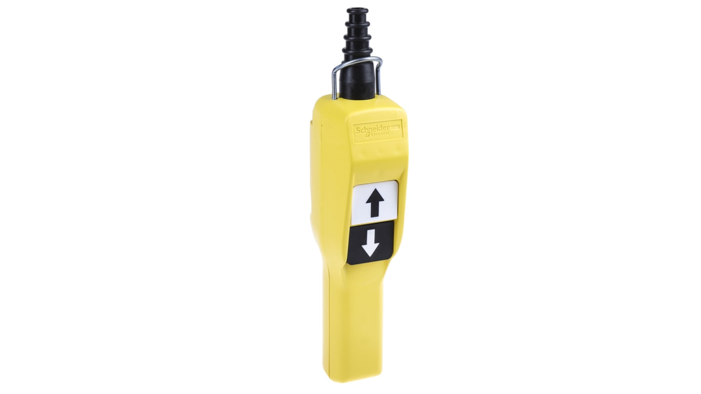 Stazione di controllo Schneider Electric XACA205, con due pulsanti direzionali, protezione IP65 e contenitore giallo in polipropilene.