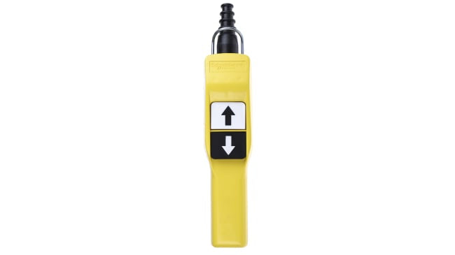 Stazione di controllo Schneider Electric XACA205, con due pulsanti direzionali, protezione IP65 e contenitore giallo in polipropilene.