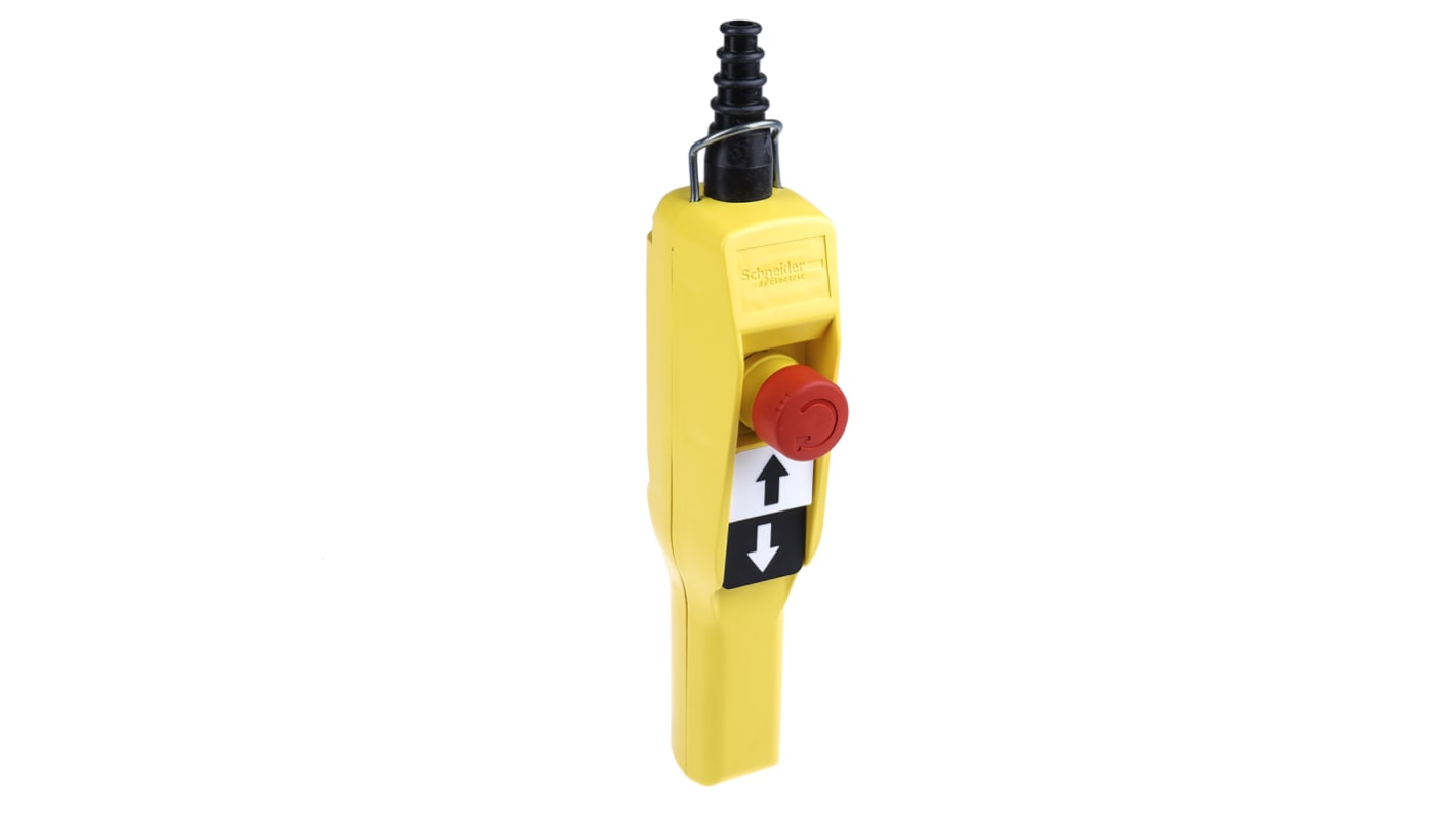 Stazione di controllo Schneider Electric XACA2053, con 3 pulsanti, protezione IP65, contenitore giallo, E-Stop incluso.