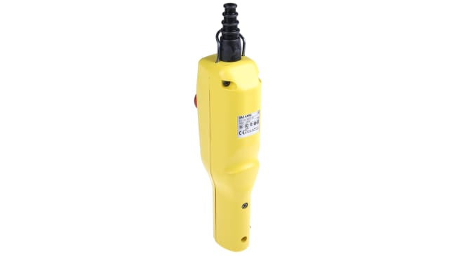 Stazione di controllo Schneider Electric XACA2053, con 3 pulsanti, protezione IP65, contenitore giallo, E-Stop incluso.