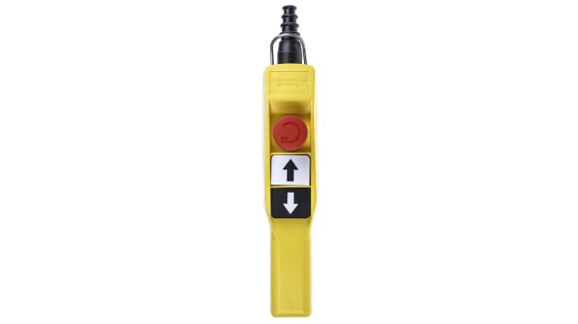 Stazione di controllo Schneider Electric XACA2053, con 3 pulsanti, protezione IP65, contenitore giallo, E-Stop incluso.