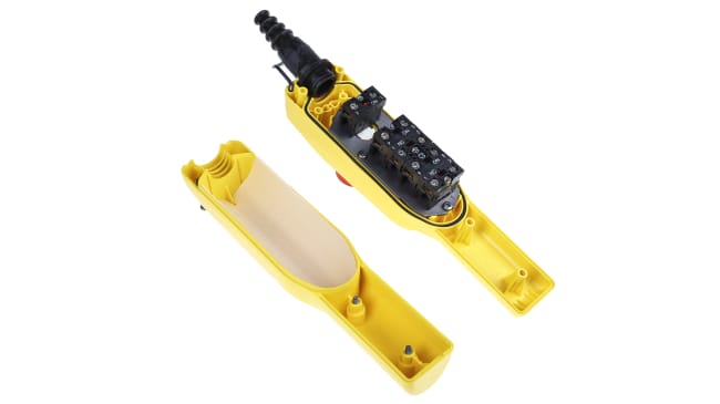 Stazione di controllo Schneider Electric XACA2053, con 3 pulsanti, protezione IP65, contenitore giallo, E-Stop incluso.