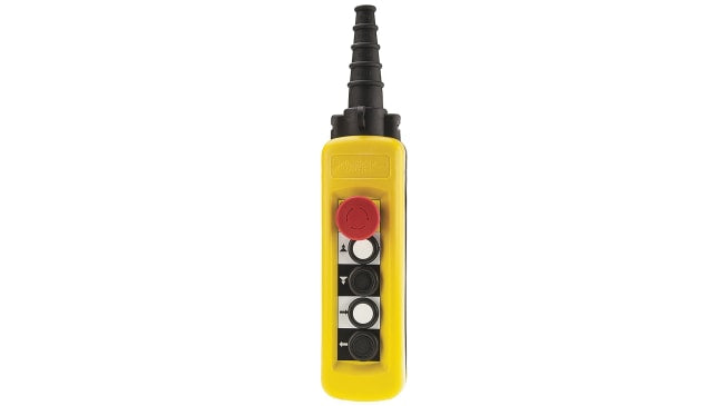 Stazione pensile a pulsante Schneider Electric XACA4923, 5 contatti, IP65, temperatura -25/+70°C, colore giallo, E-Stop.