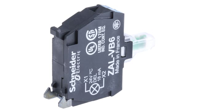 Blocco contatti luminoso LED blu Schneider Electric ZALVB6, tensione 24 V, montaggio anteriore, durata LED 100.000 ore.