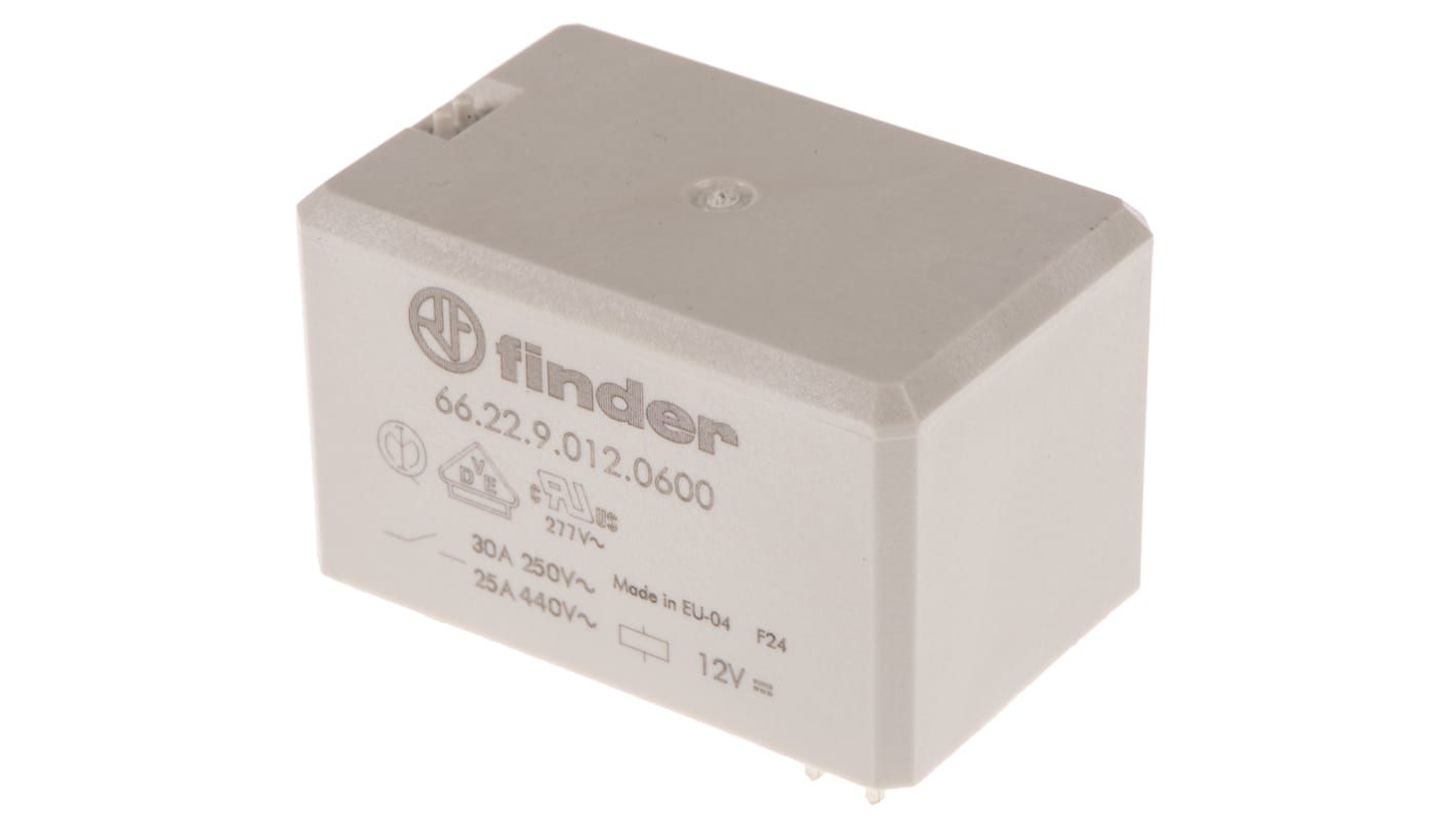 Finder 66.22.9.012.0600, relè DPST per circuito stampato, 12V cc, 50A, dimensioni 51.5mm x 31mm x 33.5mm.